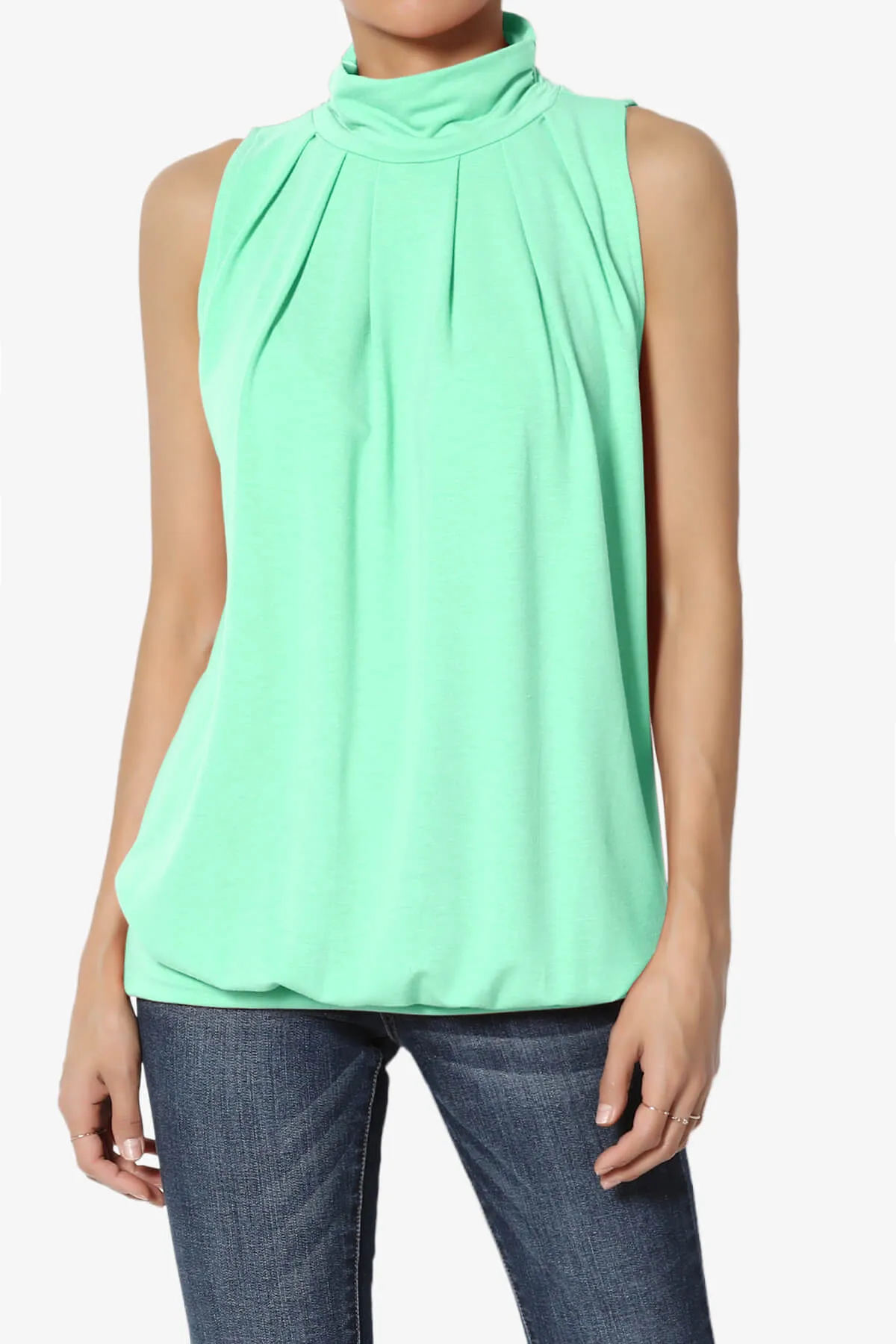 Jibbitz Sleeveless Mock Neck Pleated Top