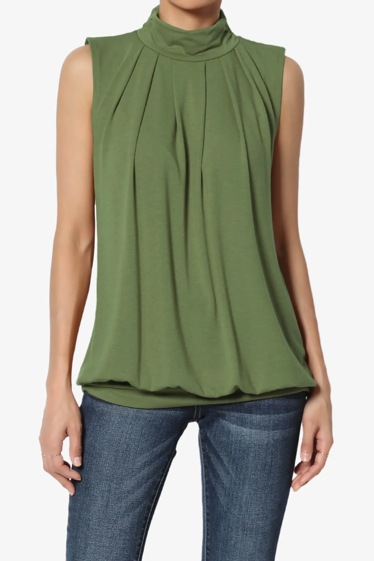 Jibbitz Sleeveless Mock Neck Pleated Top