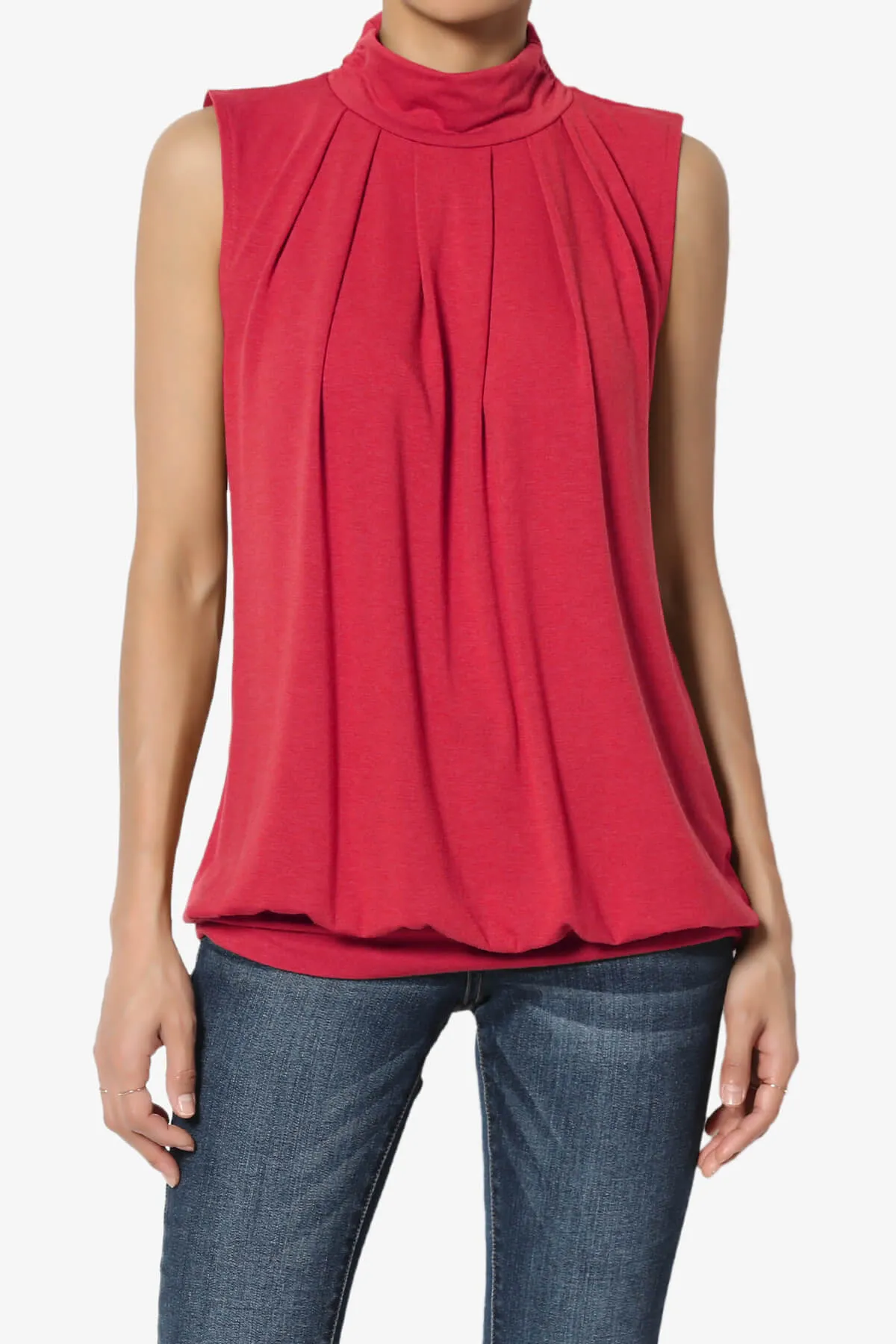 Jibbitz Sleeveless Mock Neck Pleated Top
