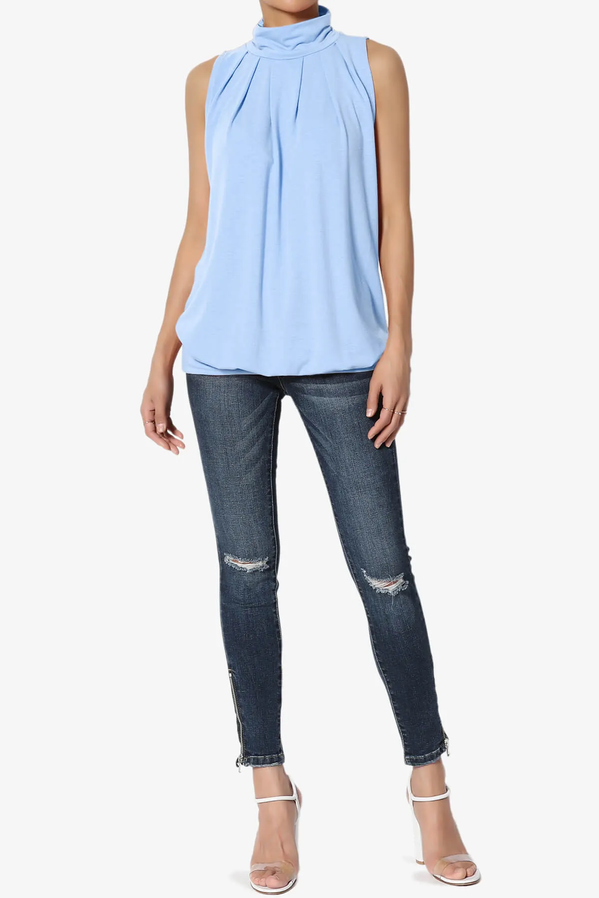 Jibbitz Sleeveless Mock Neck Pleated Top
