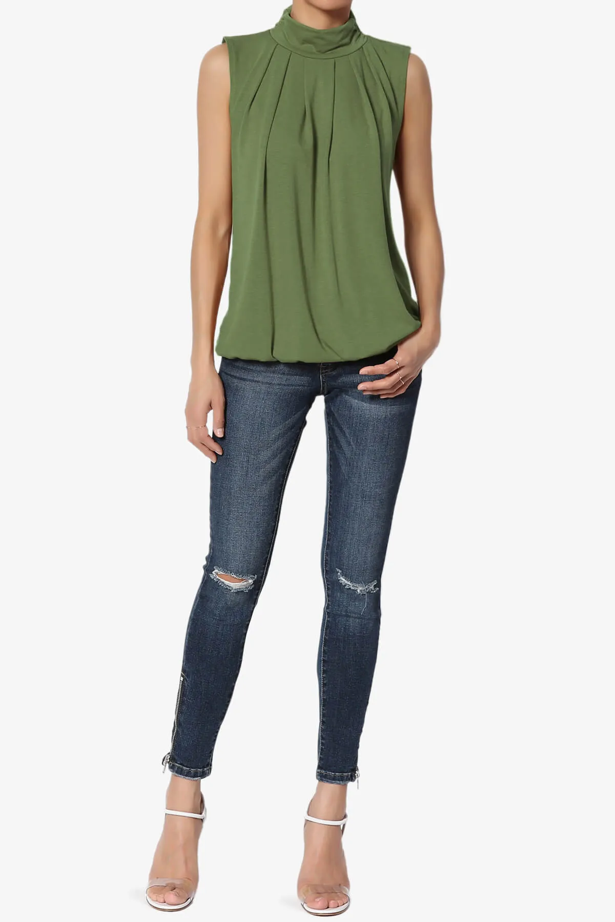 Jibbitz Sleeveless Mock Neck Pleated Top