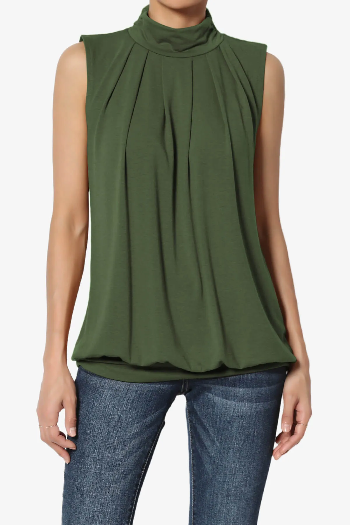 Jibbitz Sleeveless Mock Neck Pleated Top
