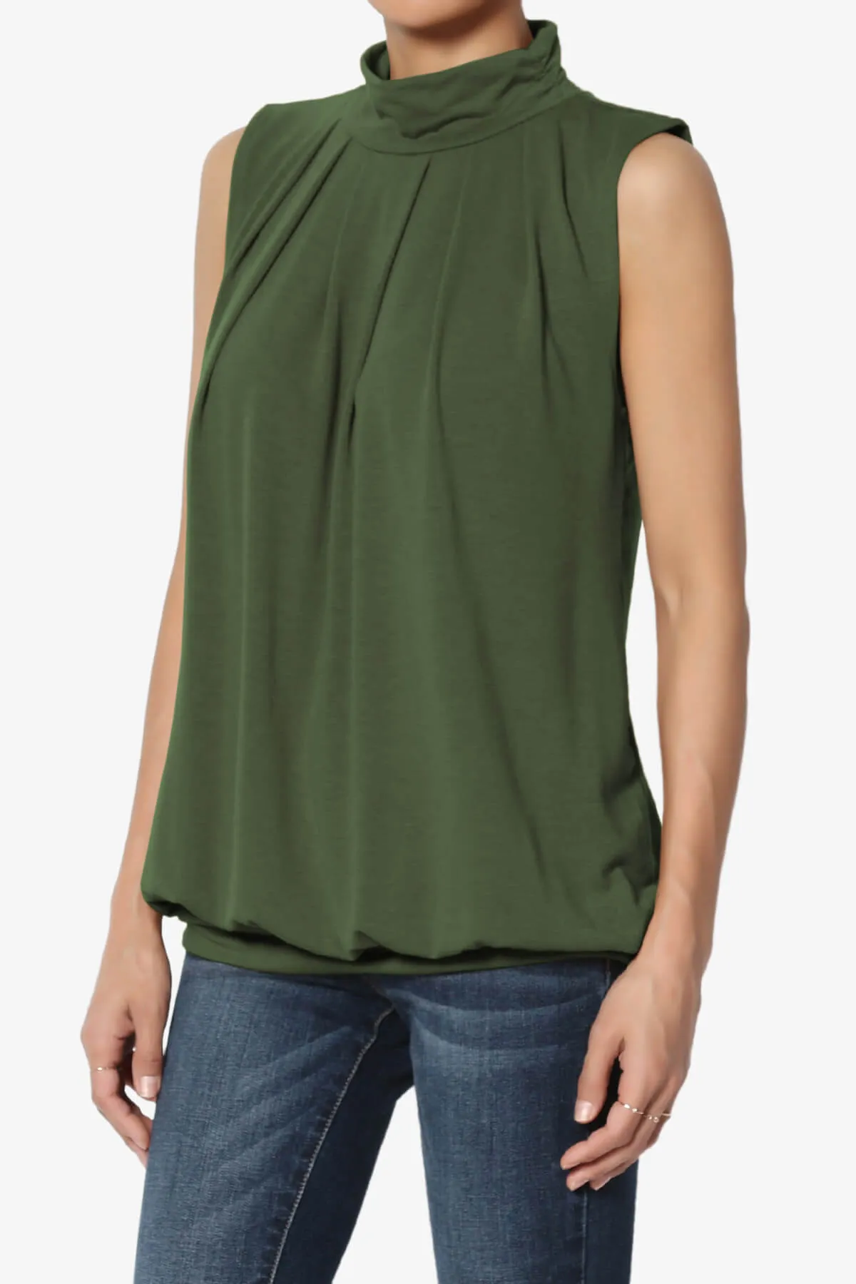 Jibbitz Sleeveless Mock Neck Pleated Top