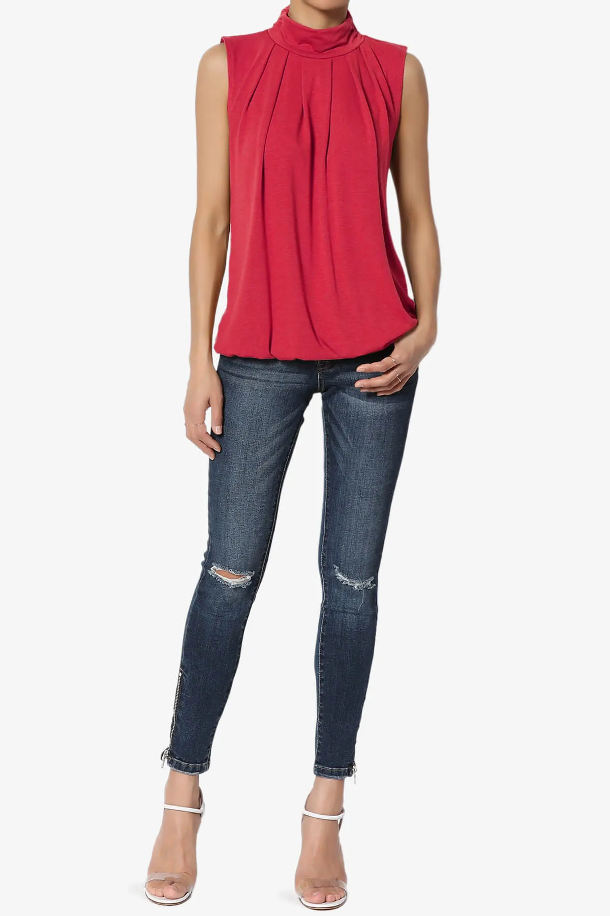 Jibbitz Sleeveless Mock Neck Pleated Top