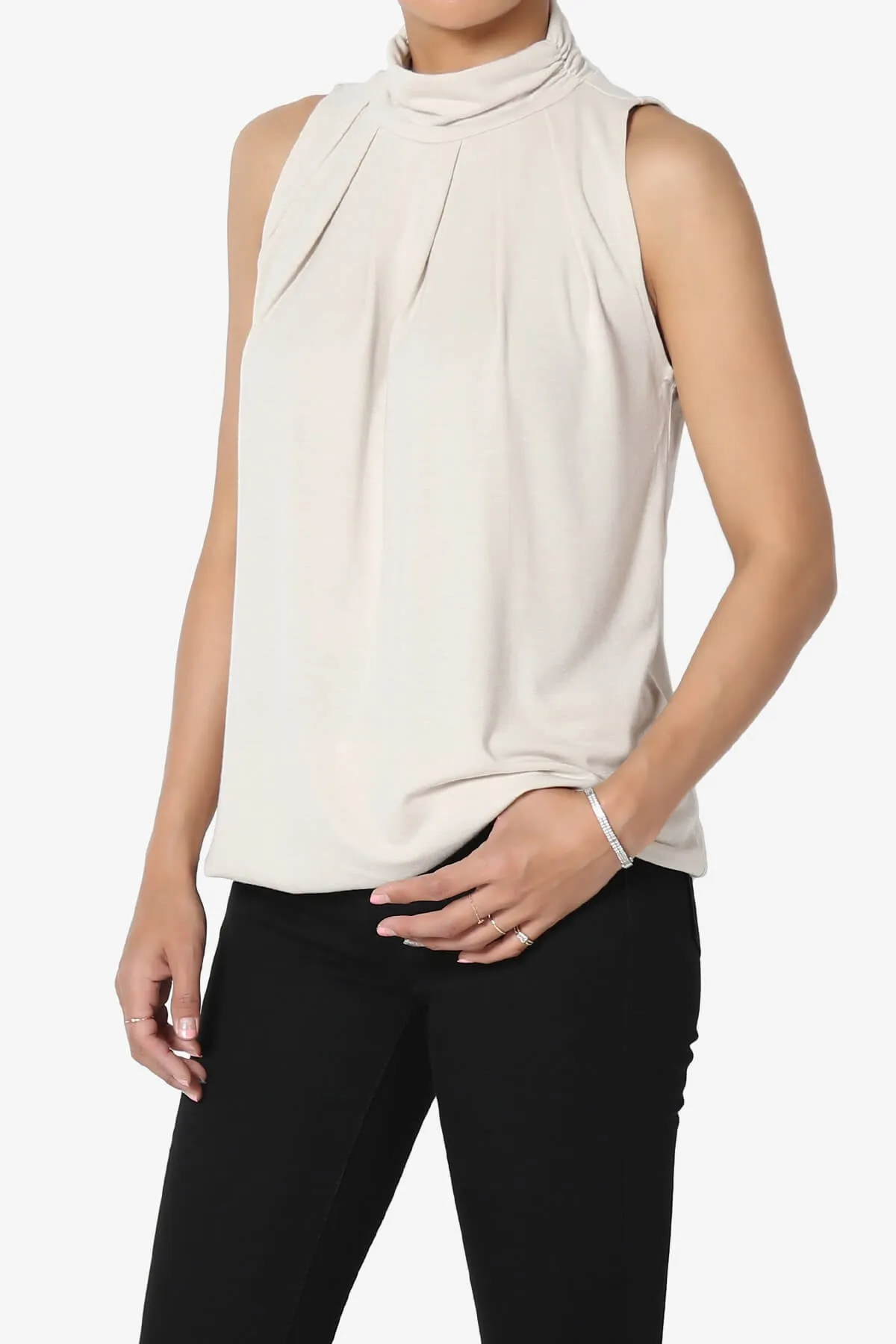 Jibbitz Sleeveless Mock Neck Pleated Top