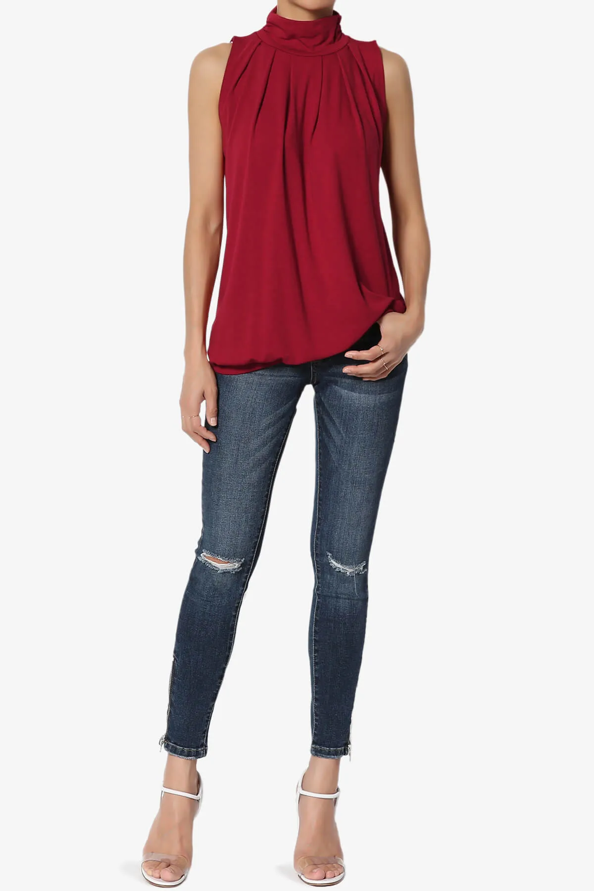 Jibbitz Sleeveless Mock Neck Pleated Top