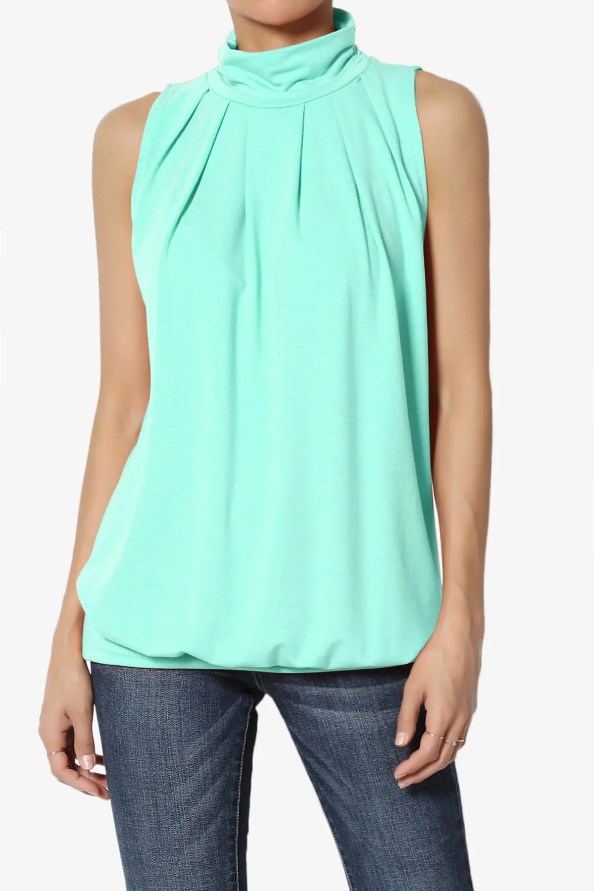 Jibbitz Sleeveless Mock Neck Pleated Top