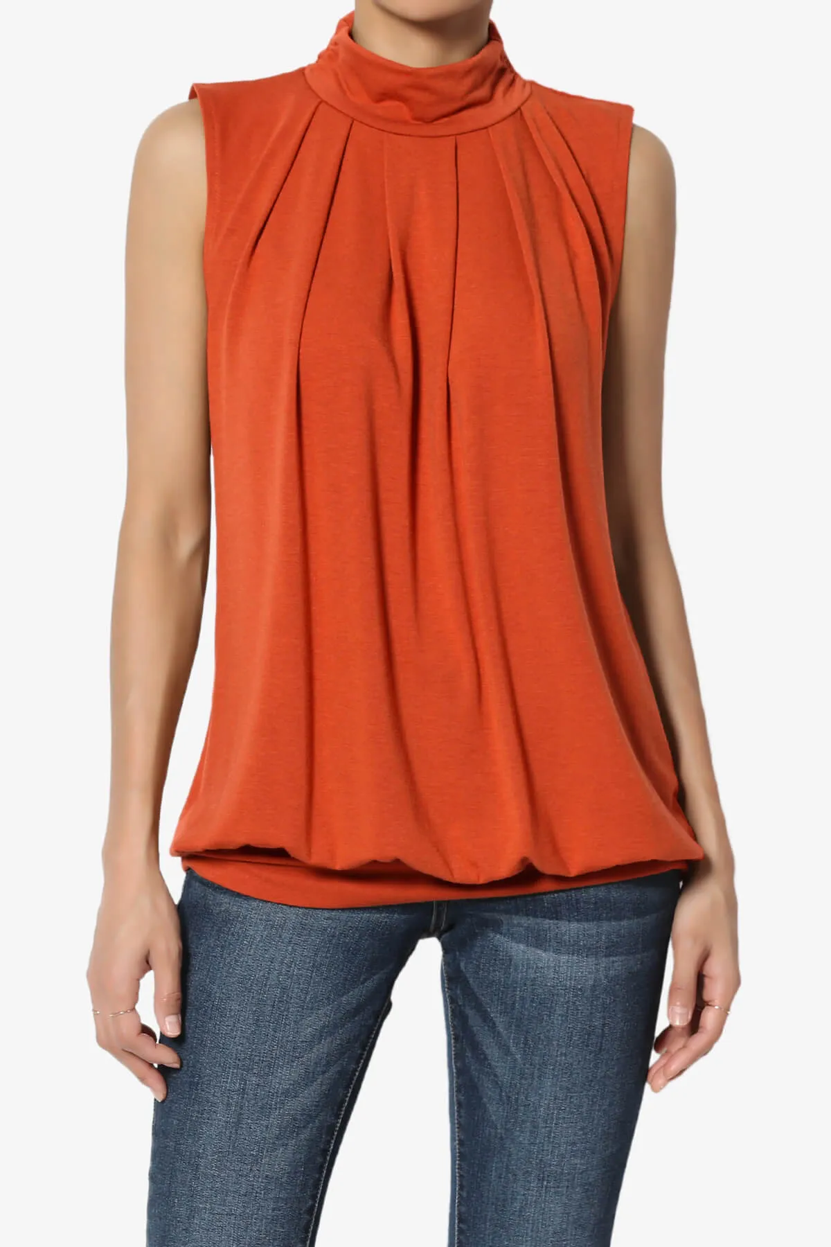 Jibbitz Sleeveless Mock Neck Pleated Top