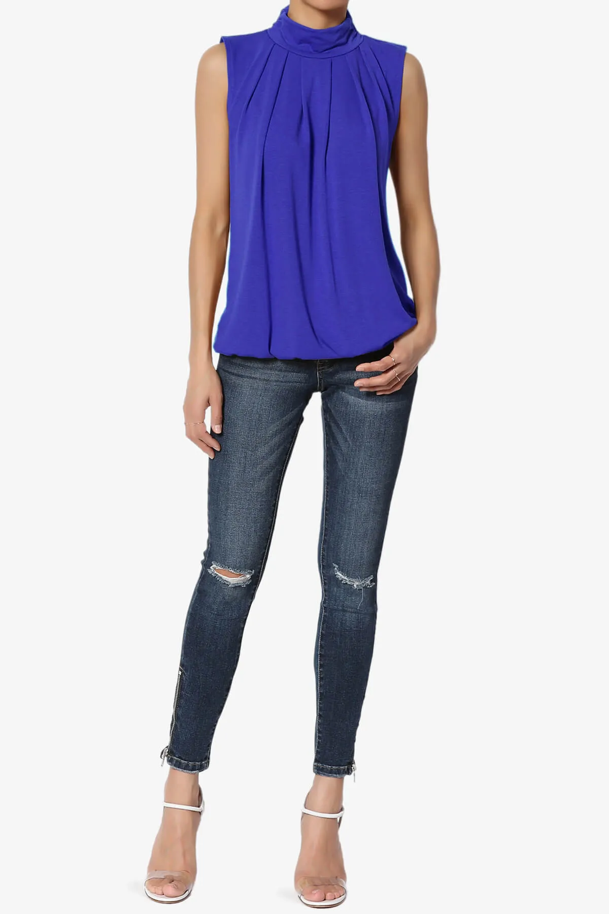 Jibbitz Sleeveless Mock Neck Pleated Top
