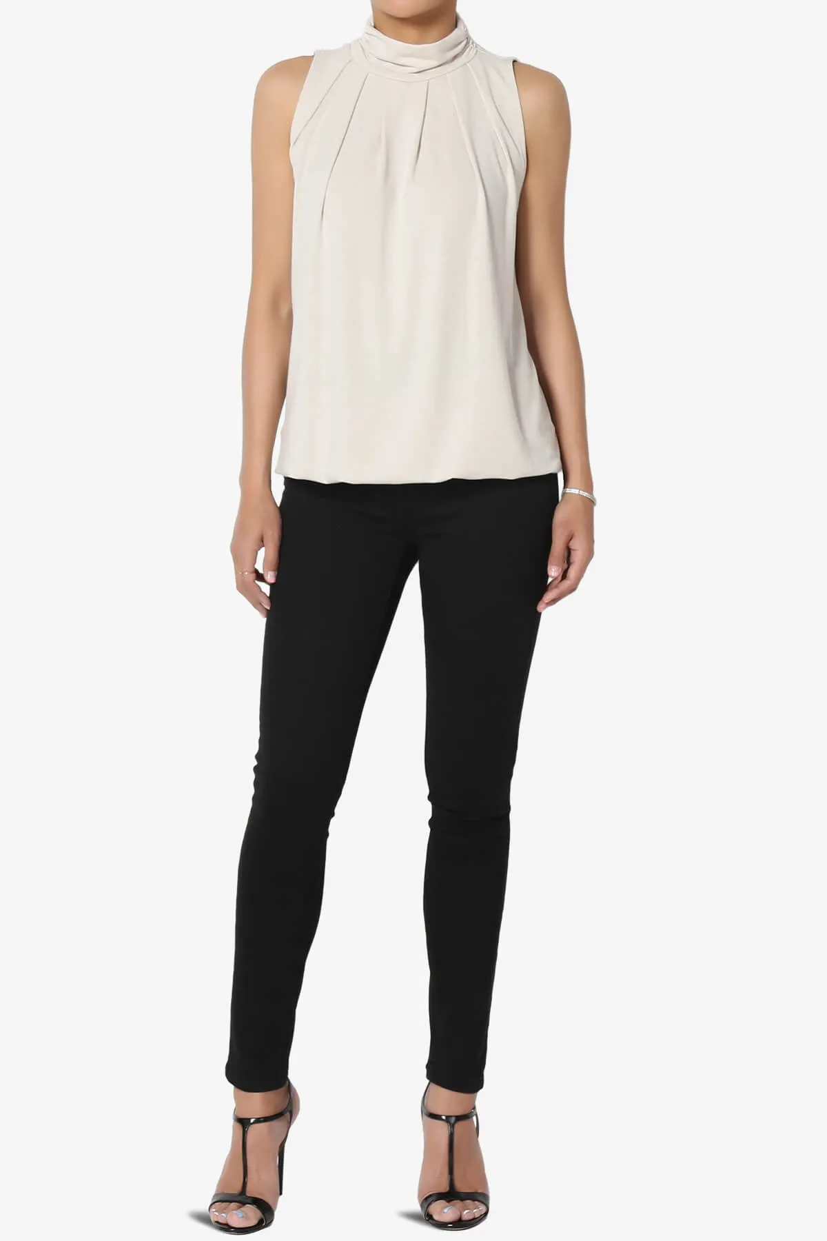 Jibbitz Sleeveless Mock Neck Pleated Top