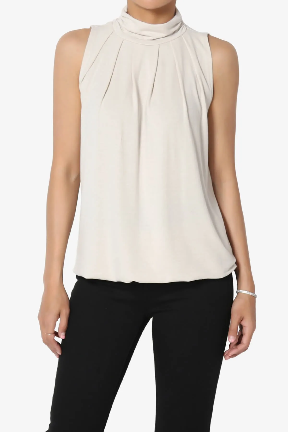 Jibbitz Sleeveless Mock Neck Pleated Top