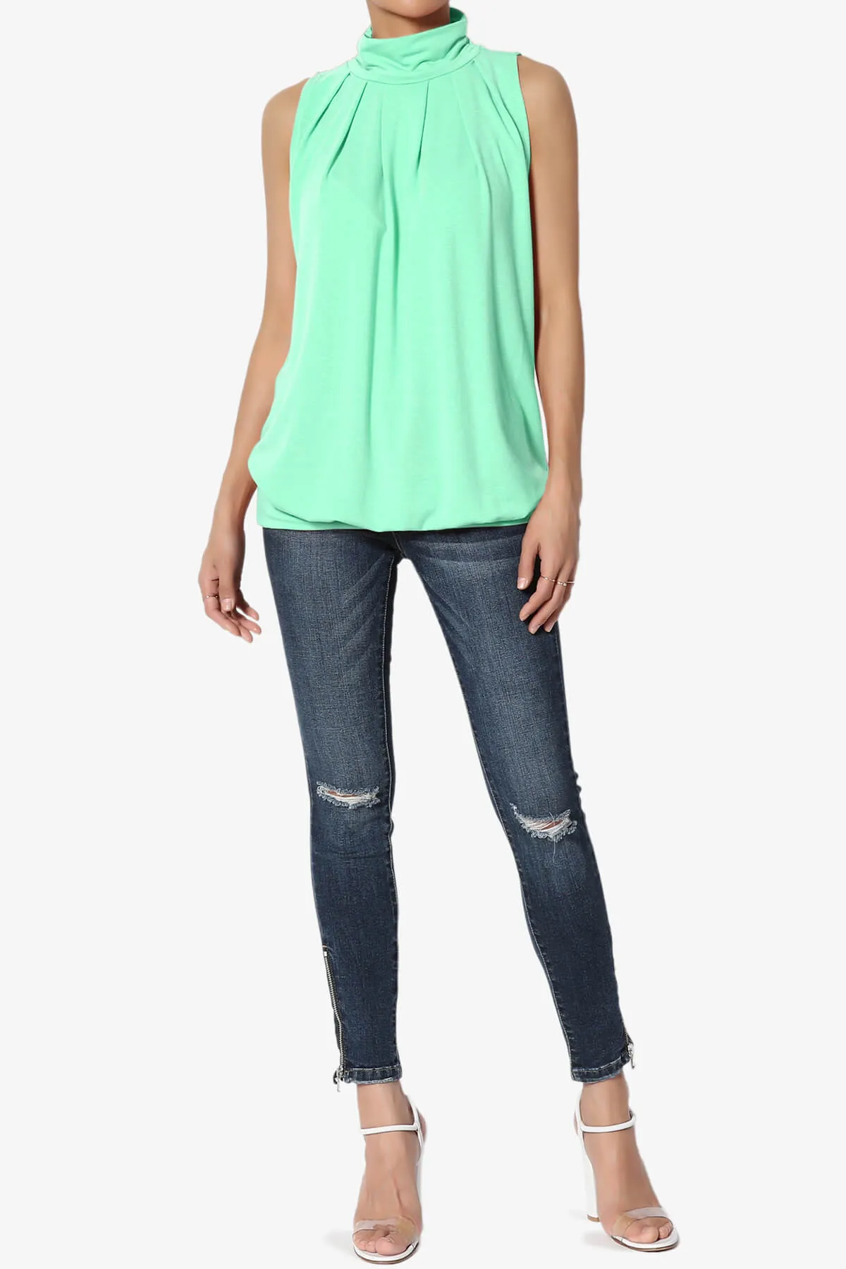 Jibbitz Sleeveless Mock Neck Pleated Top