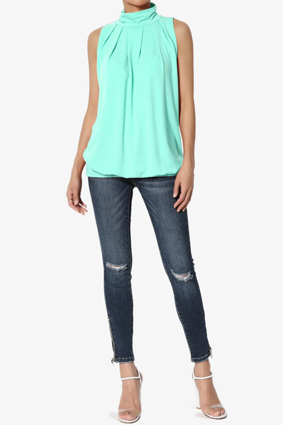 Jibbitz Sleeveless Mock Neck Pleated Top