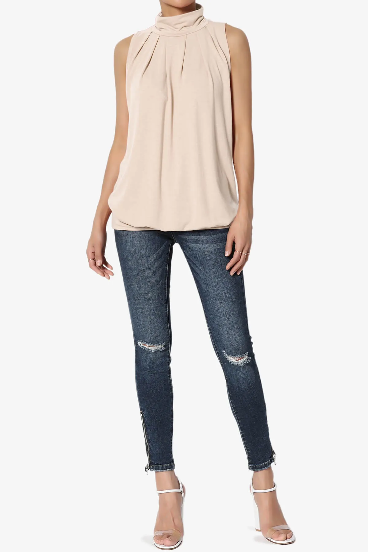 Jibbitz Sleeveless Mock Neck Pleated Top
