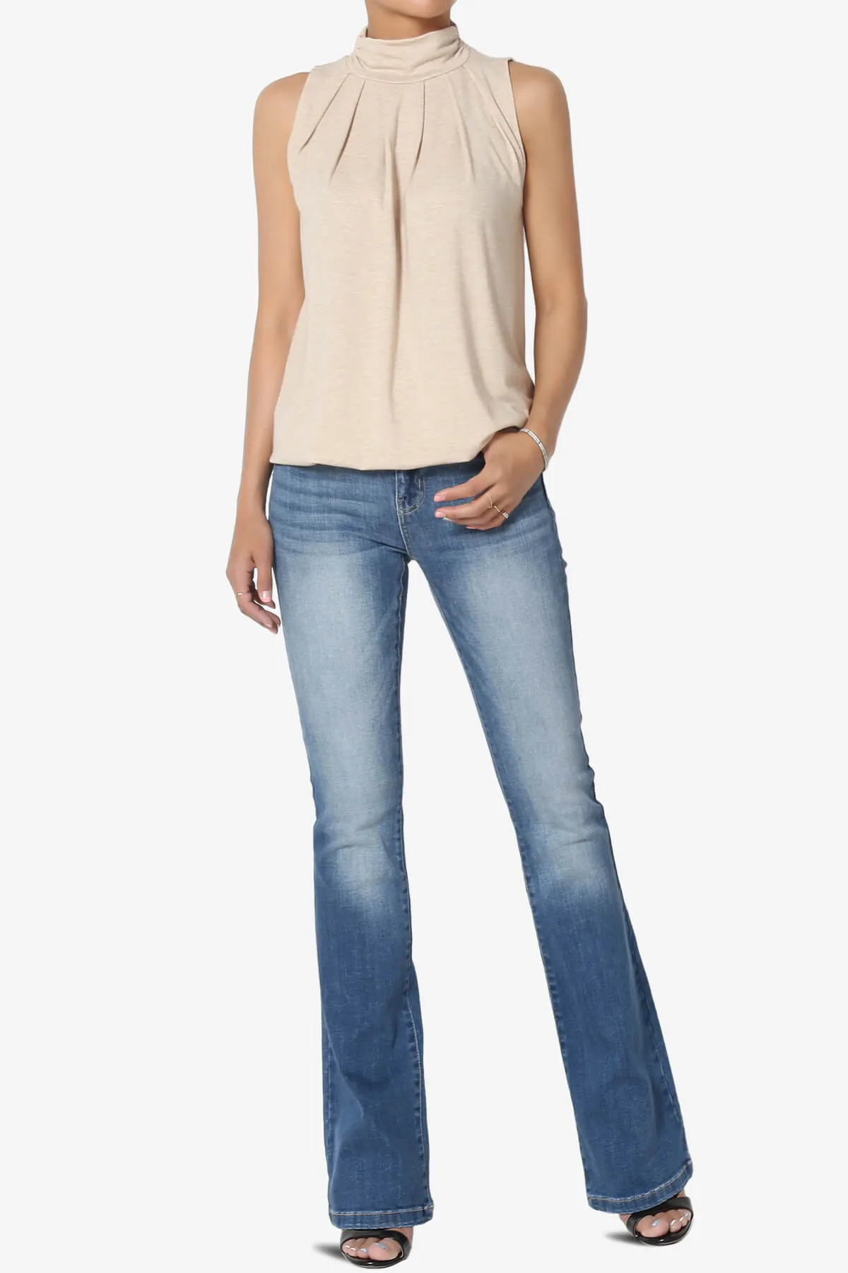 Jibbitz Sleeveless Mock Neck Pleated Top