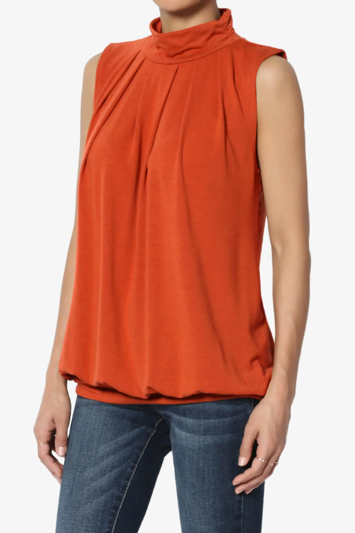 Jibbitz Sleeveless Mock Neck Pleated Top