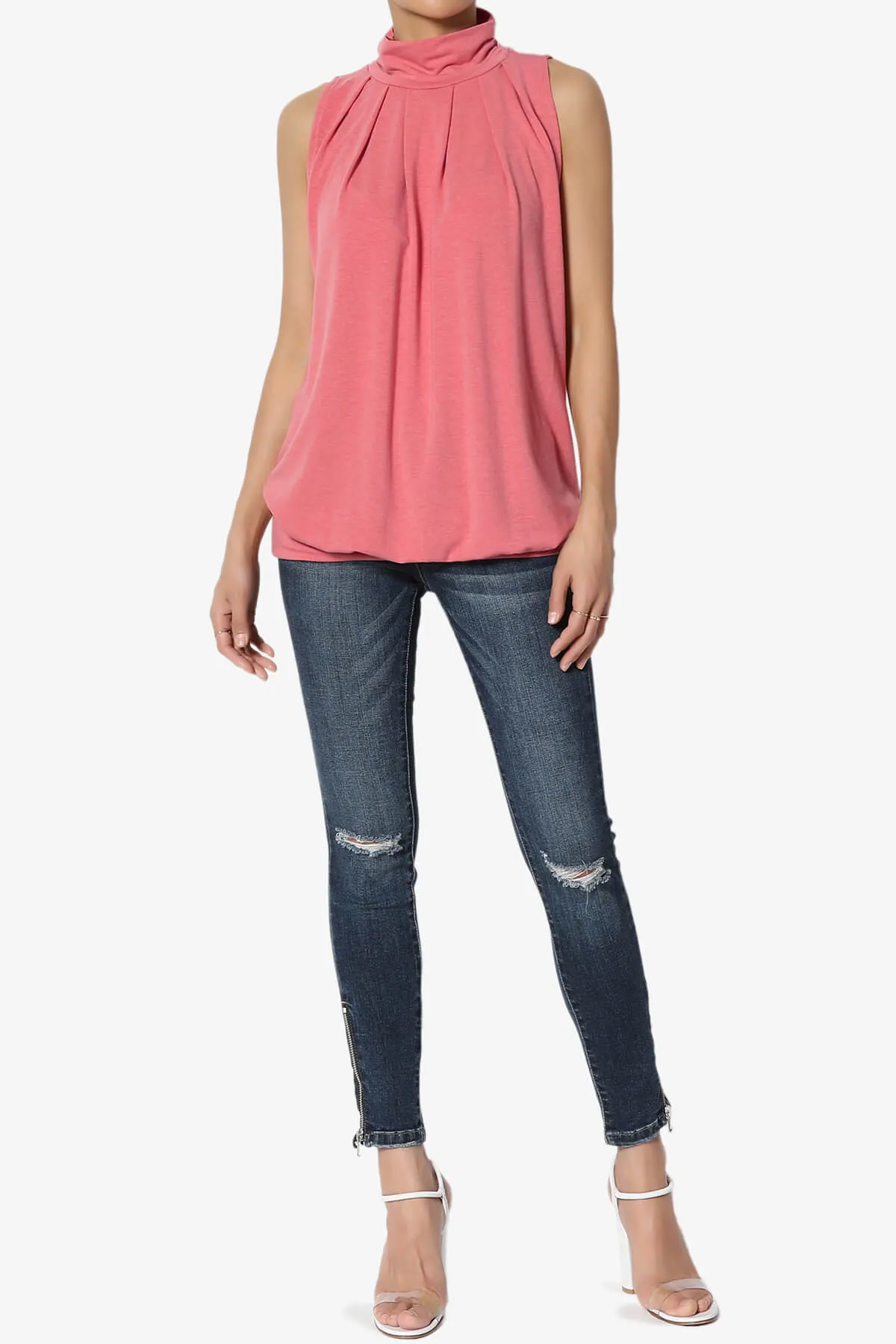 Jibbitz Sleeveless Mock Neck Pleated Top