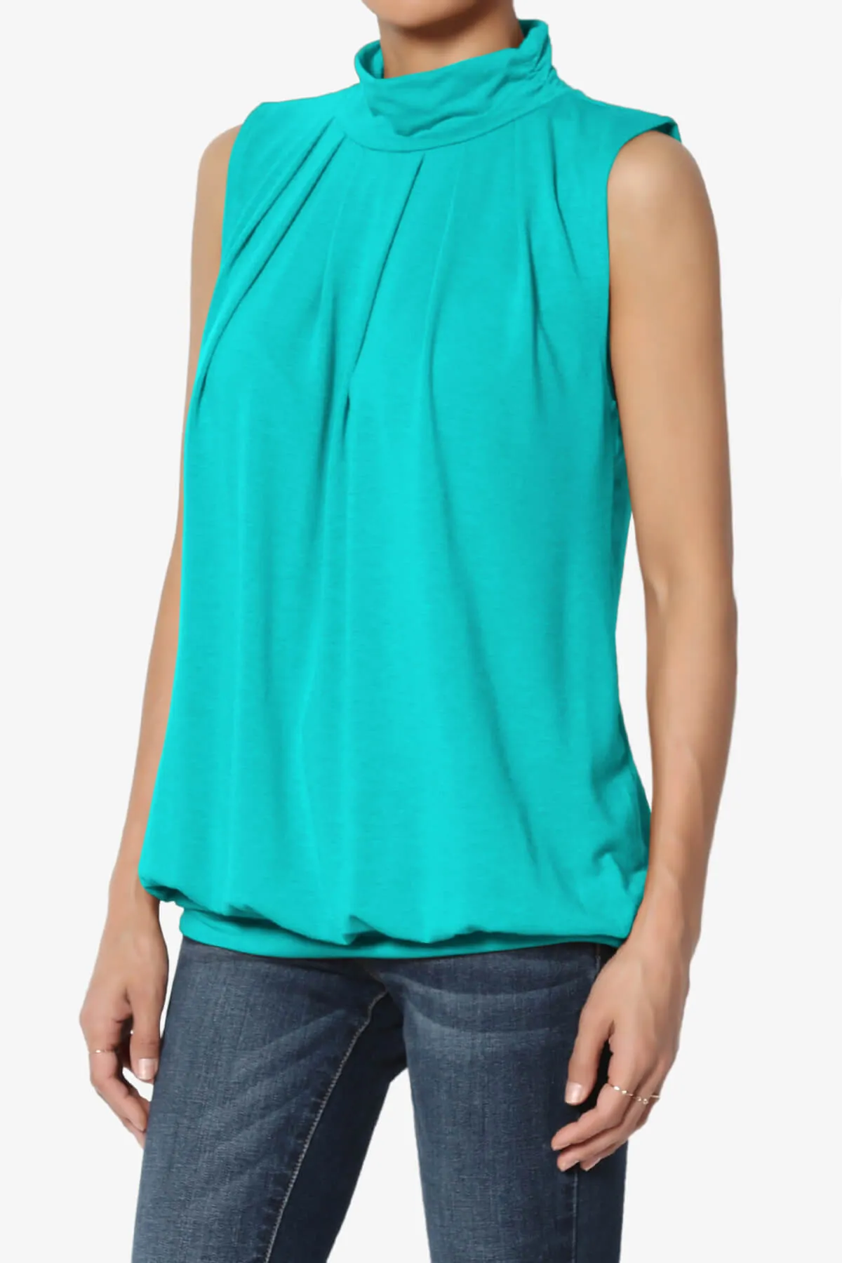 Jibbitz Sleeveless Mock Neck Pleated Top