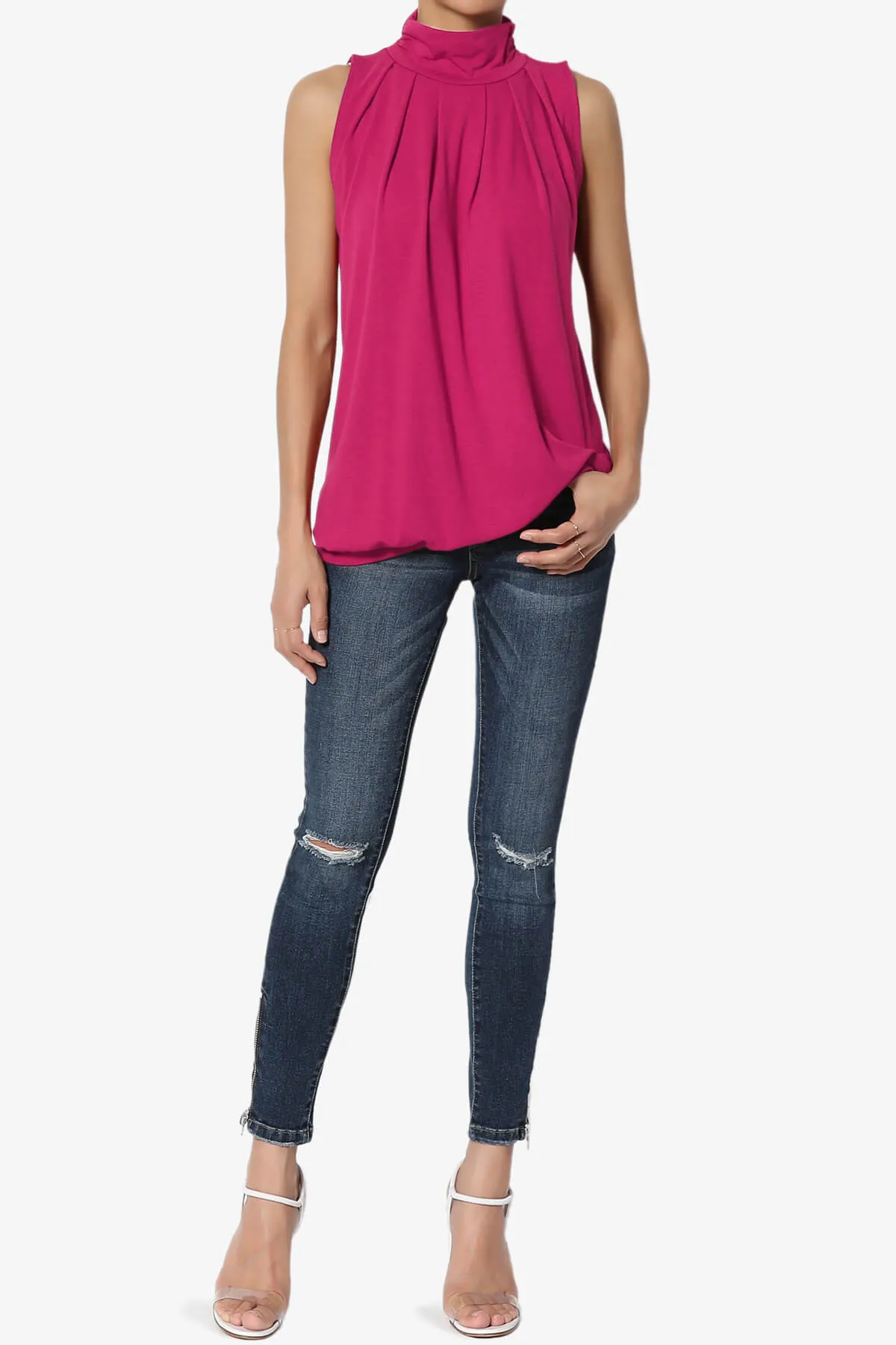 Jibbitz Sleeveless Mock Neck Pleated Top
