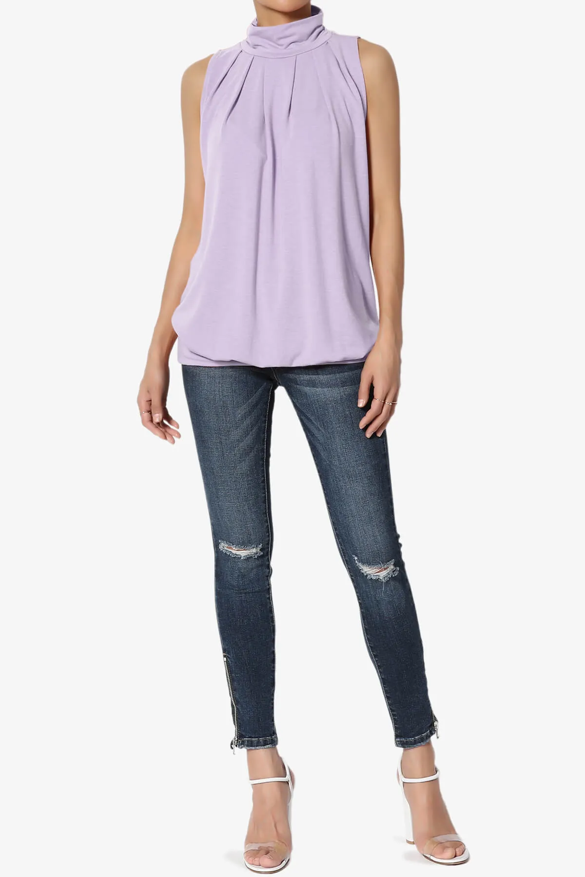 Jibbitz Sleeveless Mock Neck Pleated Top