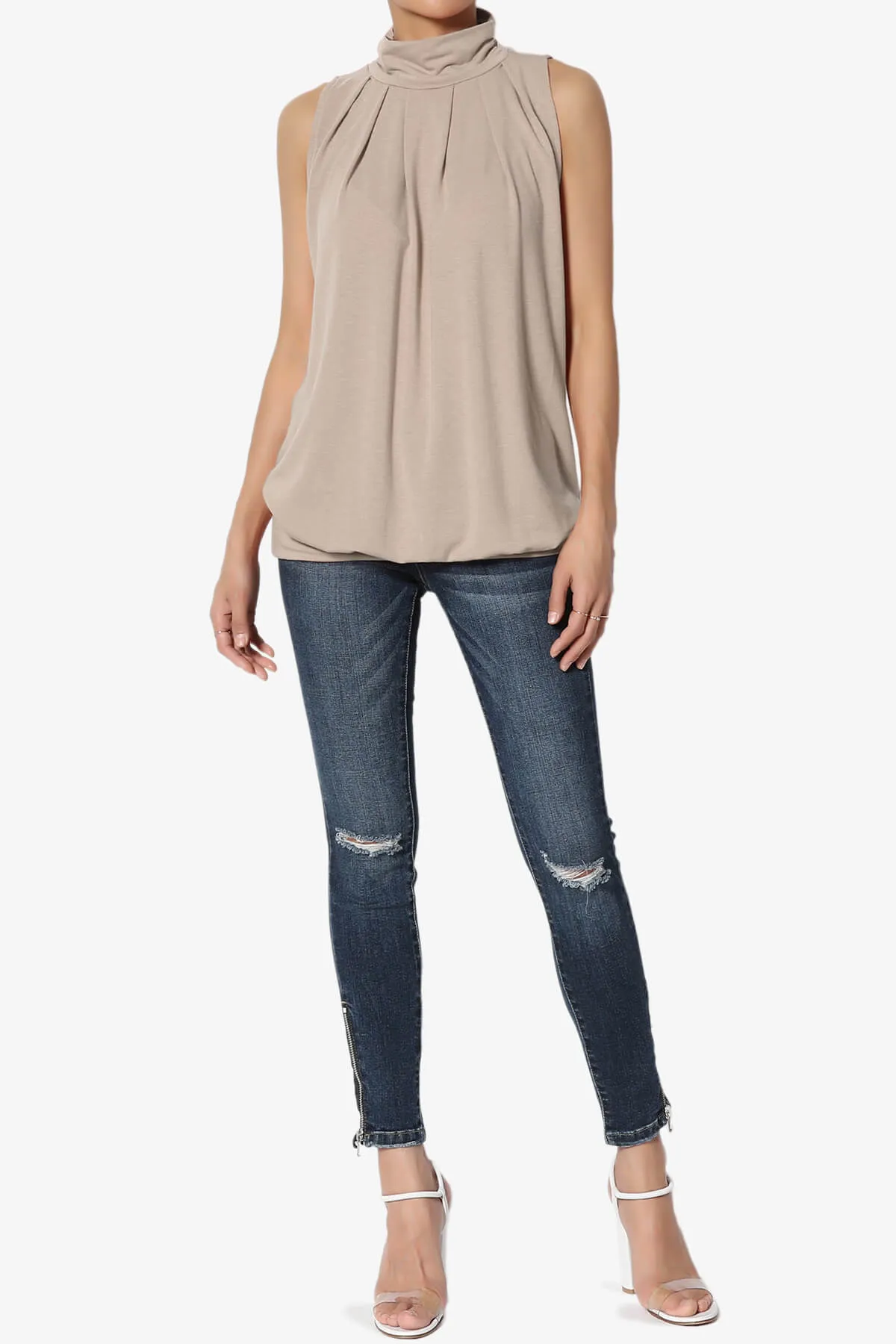 Jibbitz Sleeveless Mock Neck Pleated Top