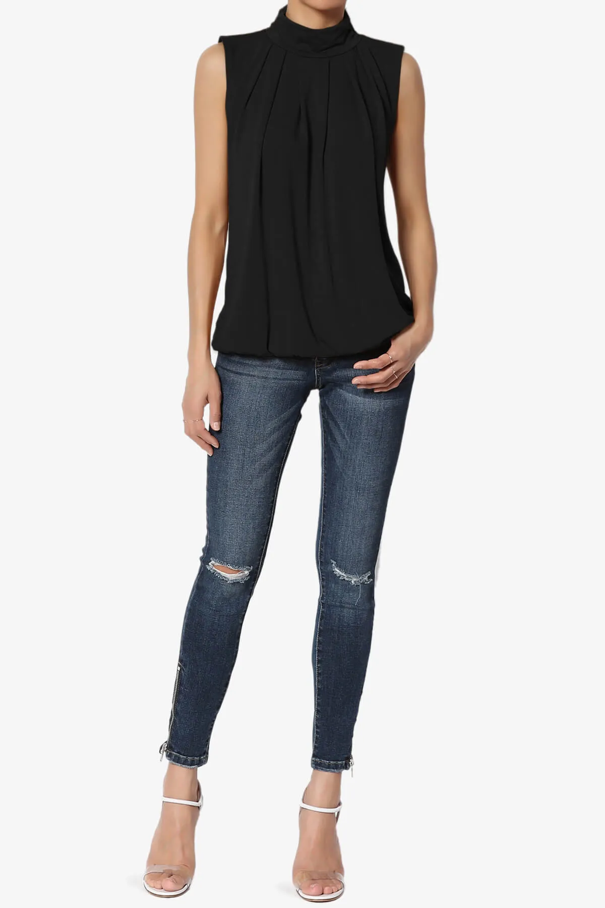 Jibbitz Sleeveless Mock Neck Pleated Top
