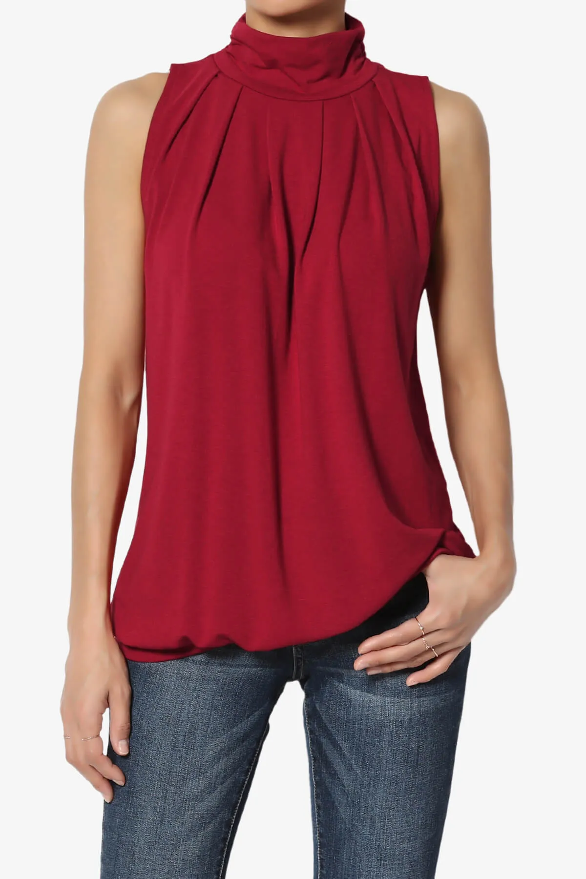 Jibbitz Sleeveless Mock Neck Pleated Top