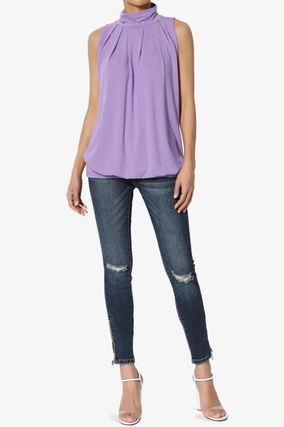 Jibbitz Sleeveless Mock Neck Pleated Top