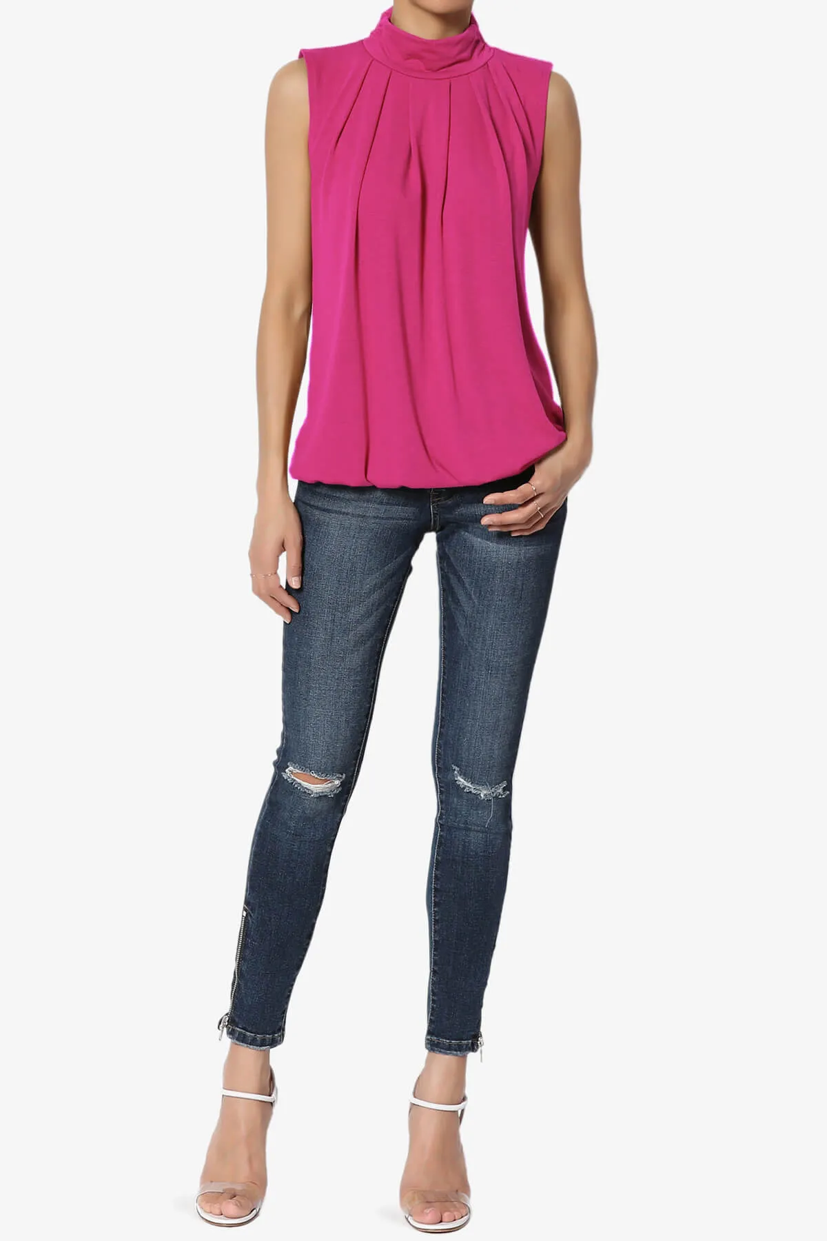 Jibbitz Sleeveless Mock Neck Pleated Top