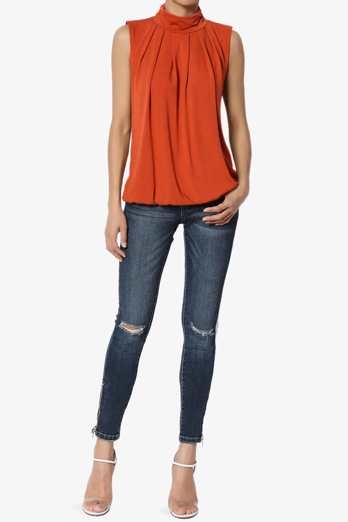 Jibbitz Sleeveless Mock Neck Pleated Top