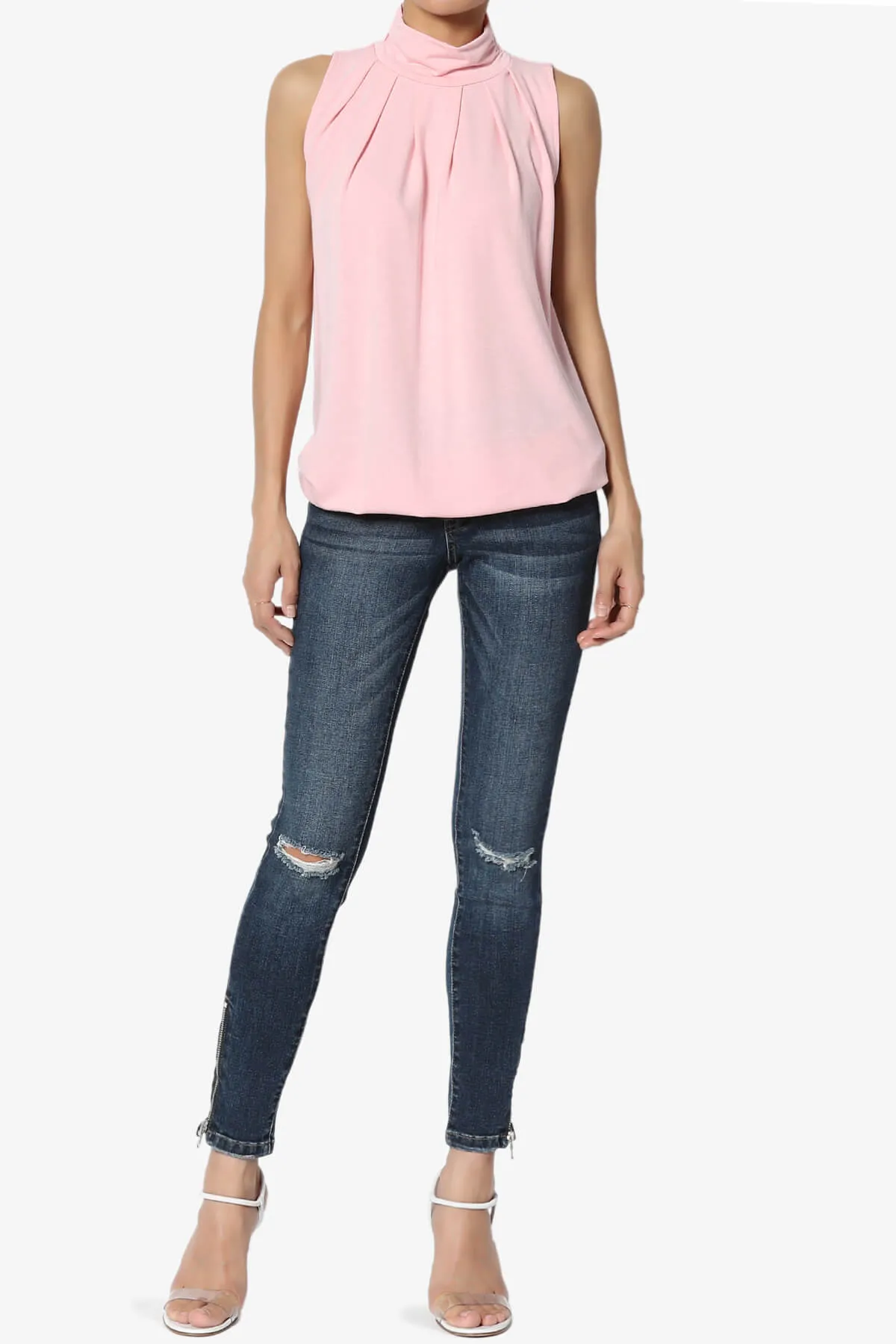 Jibbitz Sleeveless Mock Neck Pleated Top