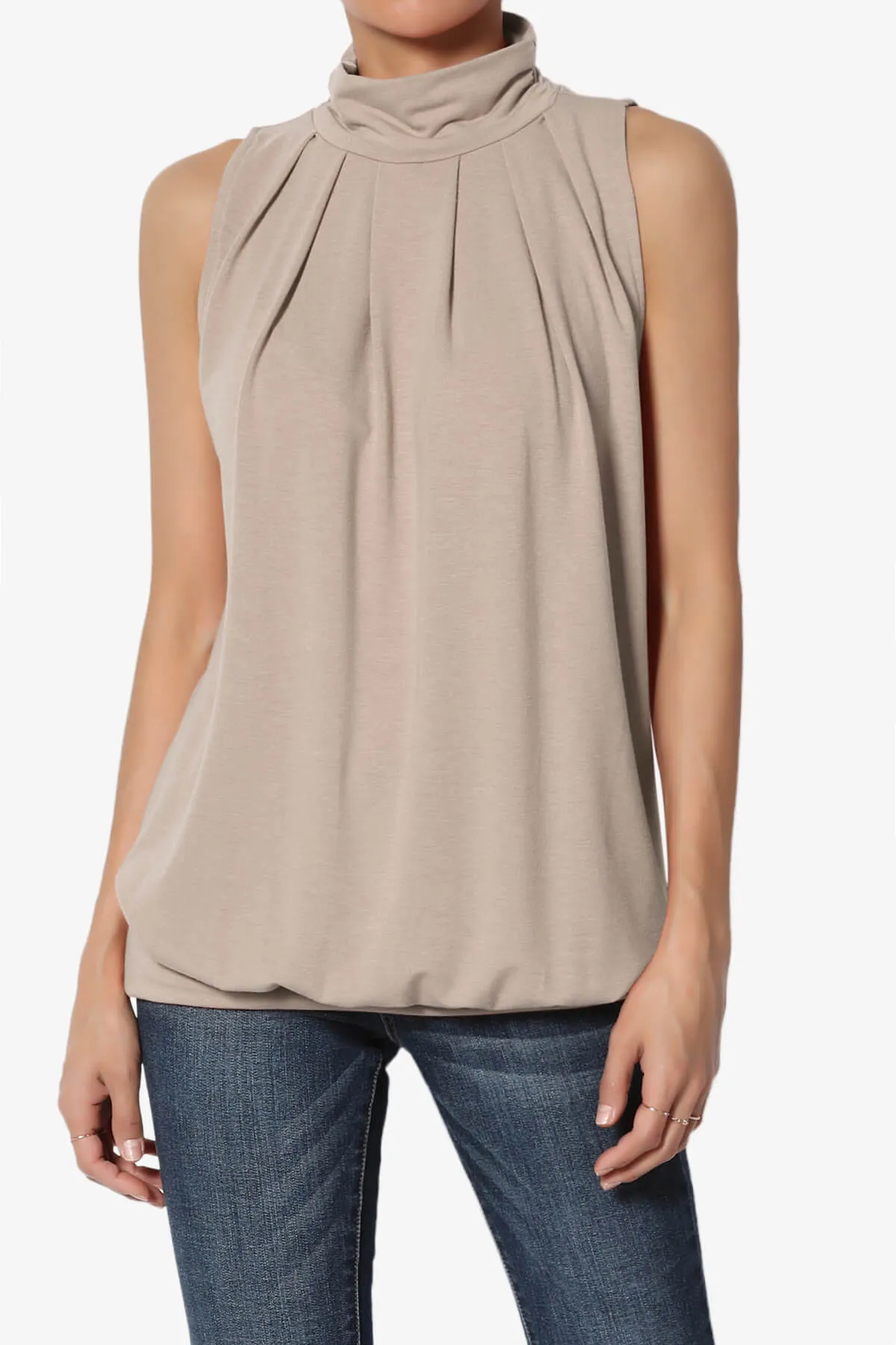 Jibbitz Sleeveless Mock Neck Pleated Top