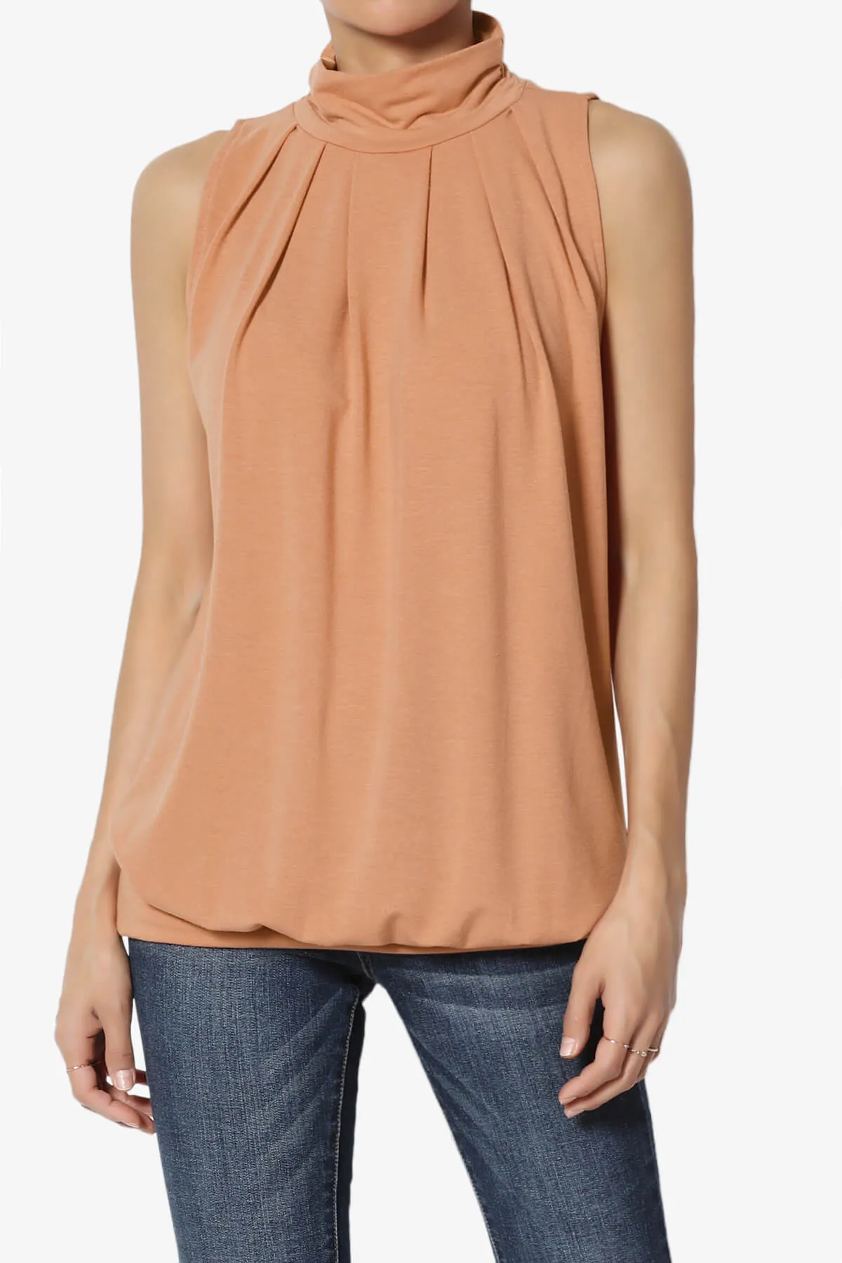 Jibbitz Sleeveless Mock Neck Pleated Top