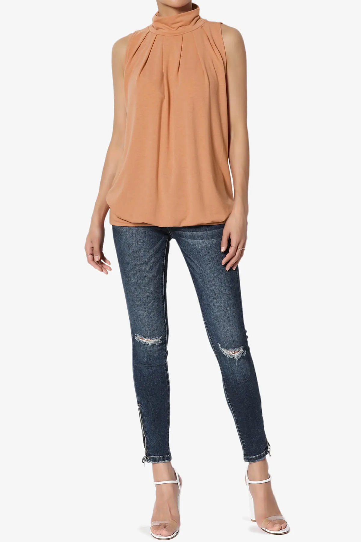 Jibbitz Sleeveless Mock Neck Pleated Top