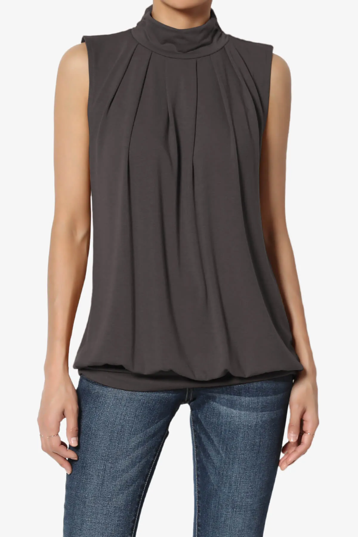 Jibbitz Sleeveless Mock Neck Pleated Top