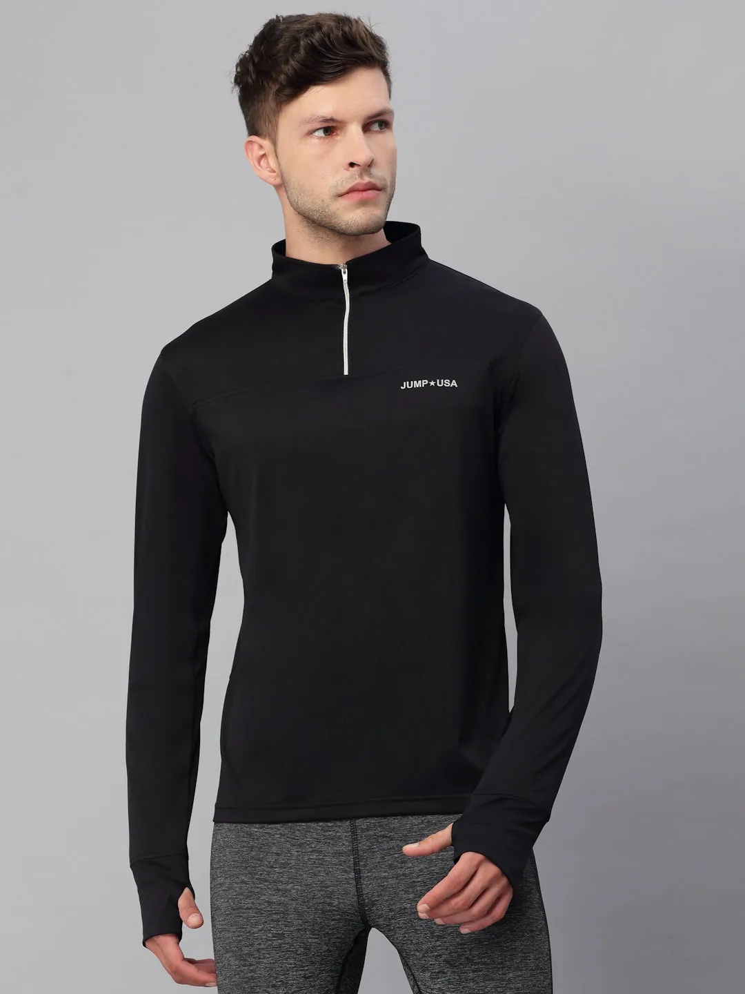 JUMP USA Outdoor Men Black Rapid-Dry Solid T-Shirts