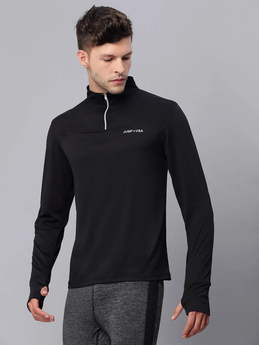 JUMP USA Outdoor Men Black Rapid-Dry Solid T-Shirts