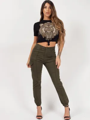Khaki Pocket Cuffed Hem Cargo Trousers