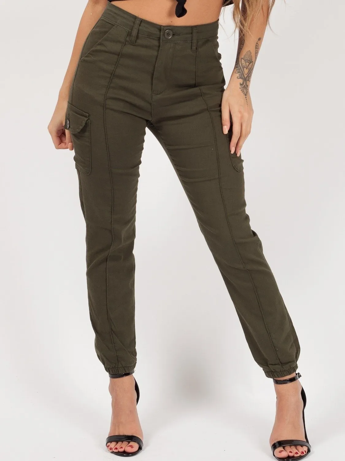 Khaki Pocket Cuffed Hem Cargo Trousers