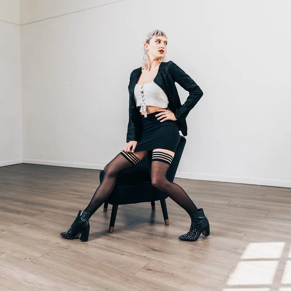 Kixies Lois Black with Back Seam Thigh Highs Stockings - A