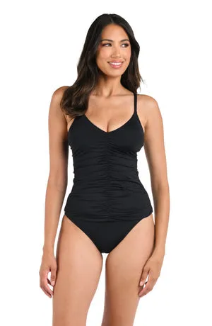 La Blanca Island Goddess V-Neck Shirred Front Tankini Top