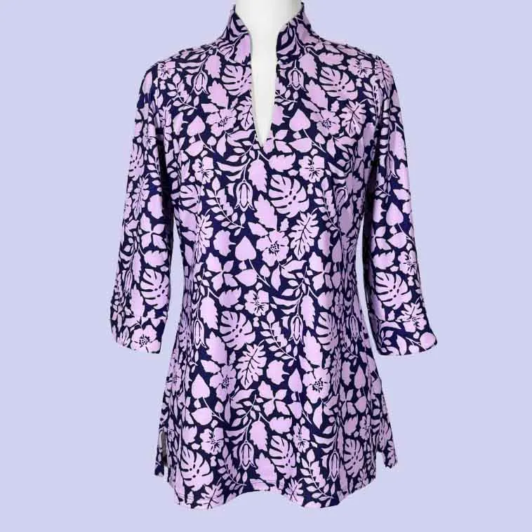 Largo Tunic Top in Tossed Leaves Aubergine and Lavender