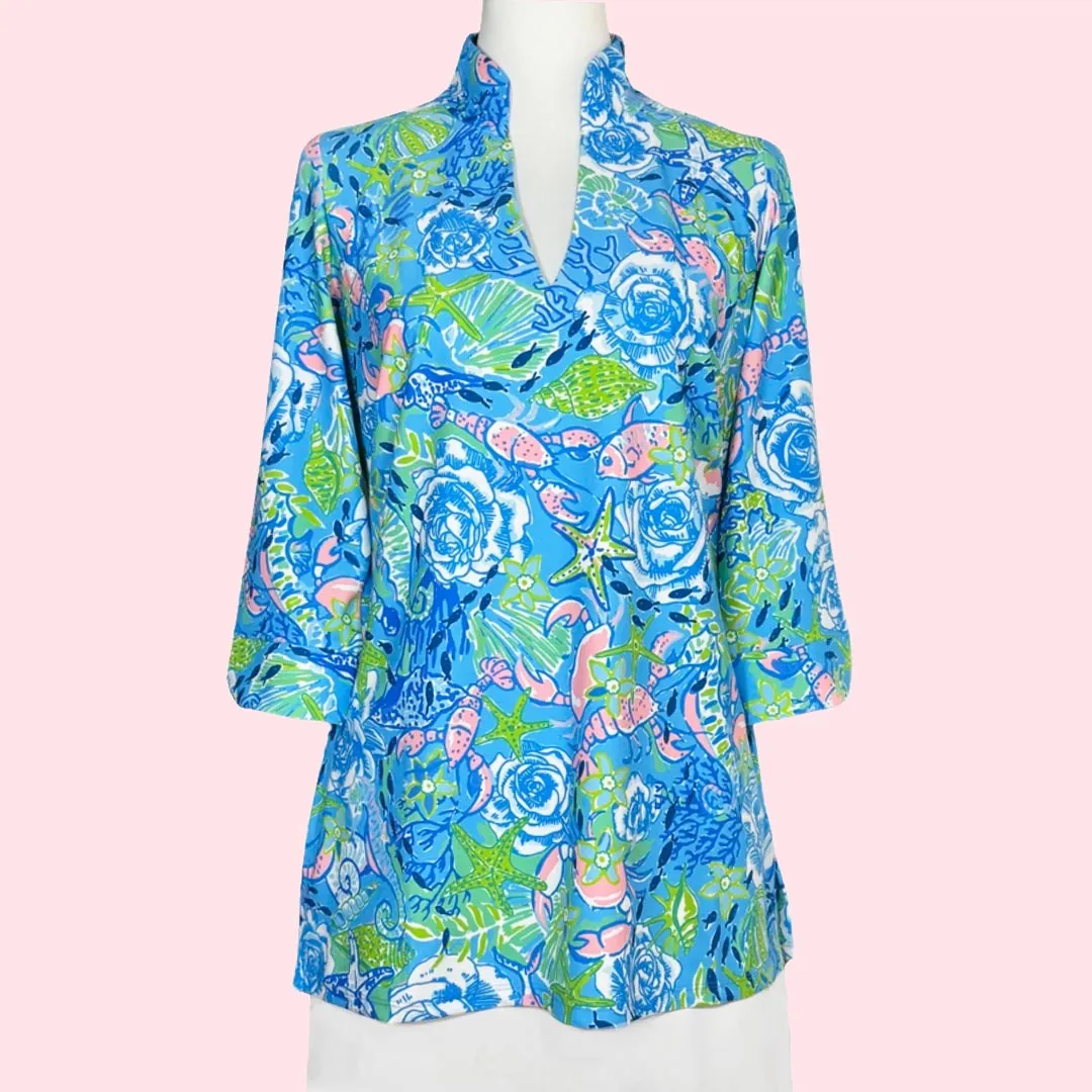 Largo Tunic Top in Under The Sea Blue/Coral