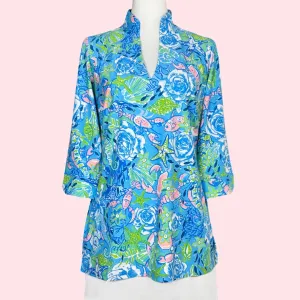 Largo Tunic Top in Under The Sea Blue/Coral