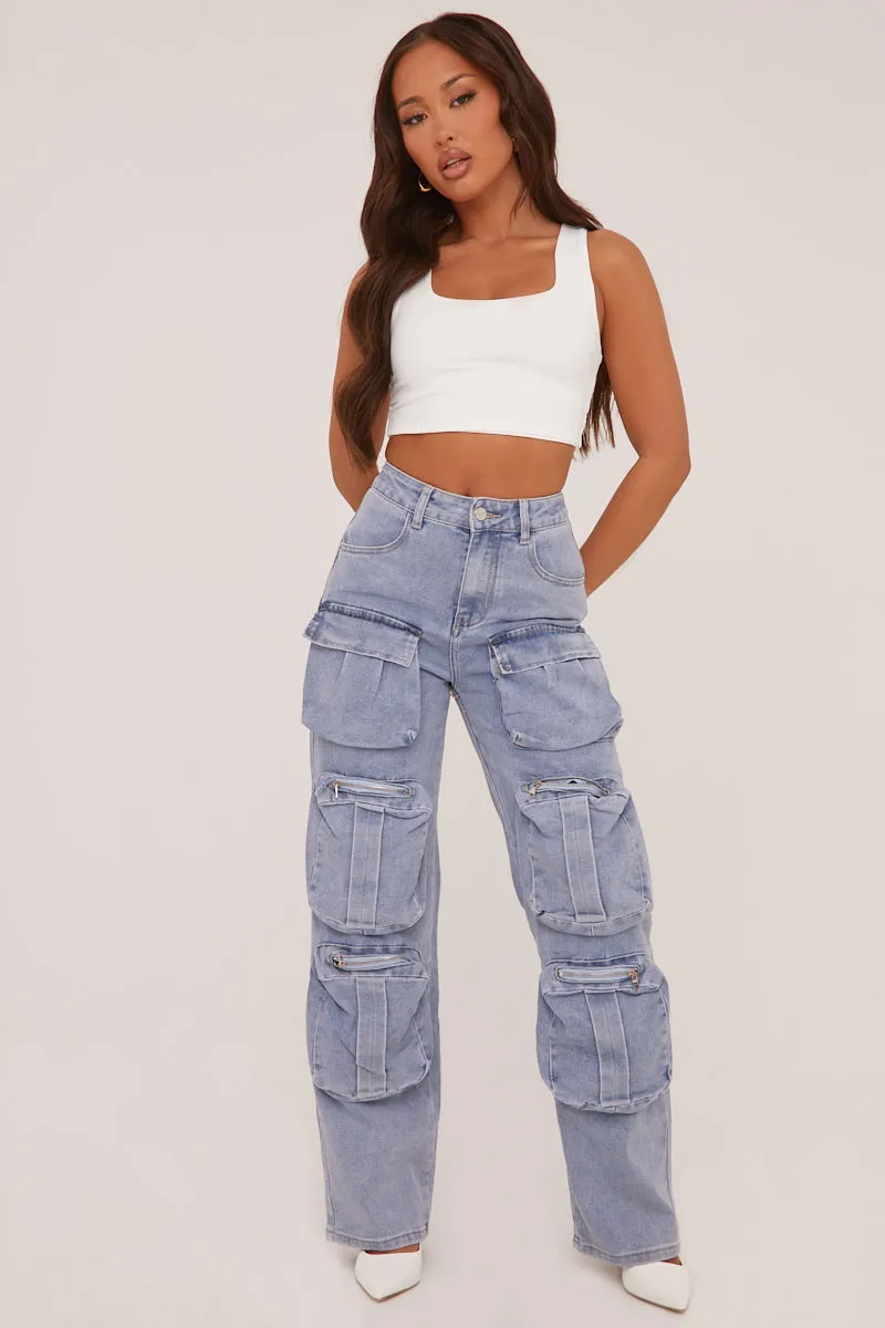 Light Blue Denim Cargo Trousers - Daisy