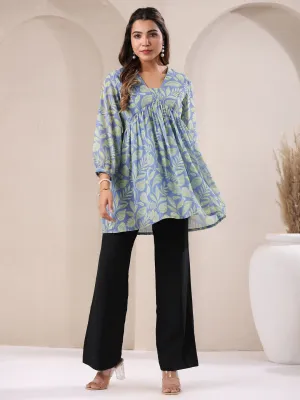 Light Blue Georgette Tropical Printed A-Line Tunic  - By Janasya