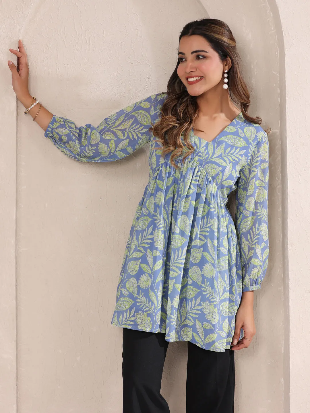 Light Blue Georgette Tropical Printed A-Line Tunic  - By Janasya
