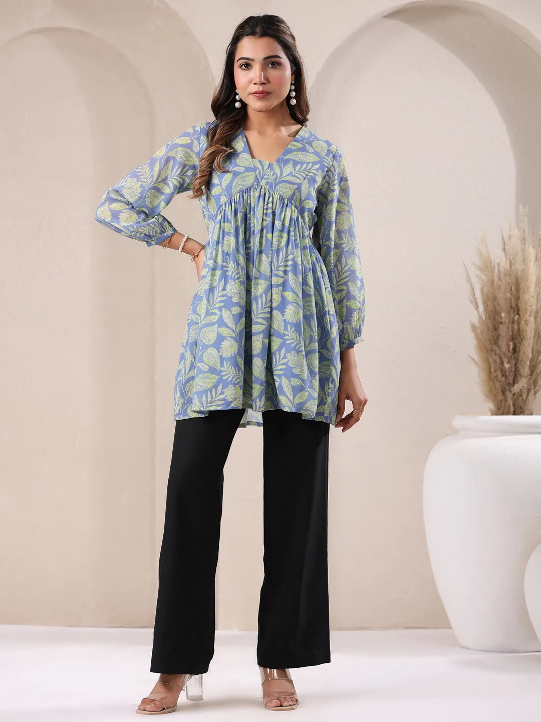 Light Blue Georgette Tropical Printed A-Line Tunic  - By Janasya