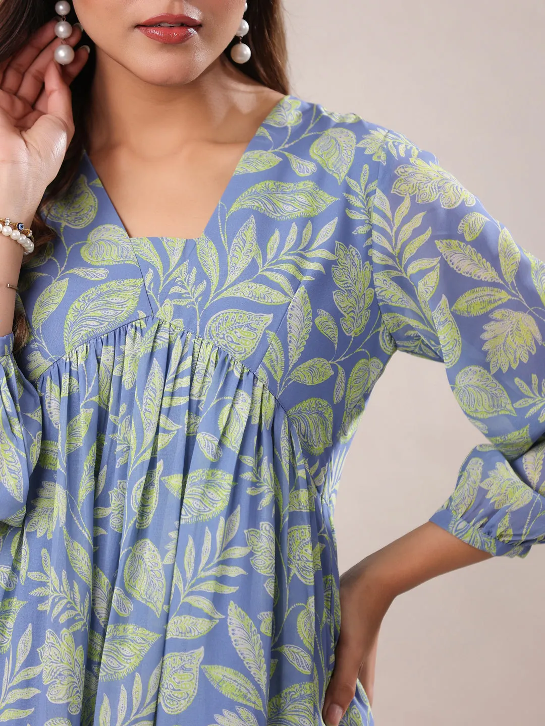 Light Blue Georgette Tropical Printed A-Line Tunic  - By Janasya