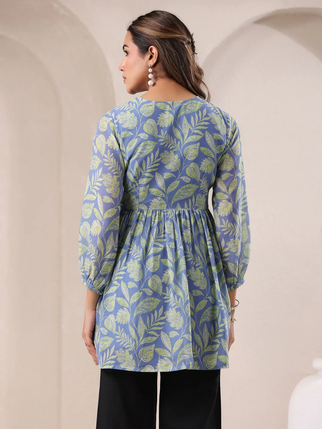 Light Blue Georgette Tropical Printed A-Line Tunic  - By Janasya